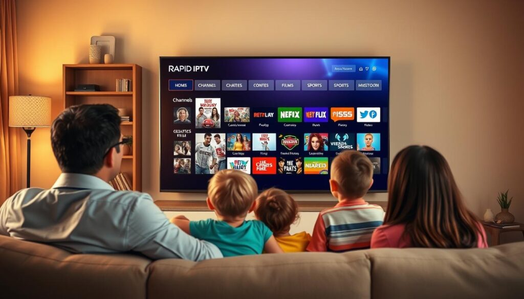 A cozy living room scene featuring a modern flat-screen TV displaying various content options from Rapid IPTV, including channels, films, and sports. In the foreground, a family of four (two adults and two children) is gathered on a comfortable couch, attentively watching the screen. The adults are dressed in smart-casual attire, while the children are in playful, colorful clothing. The middle of the image showcases the vibrant IPTV interface filled with icons of different genres, emphasizing a diverse viewing experience. In the background, warm lighting creates a relaxed and inviting atmosphere, showcasing a stylish bookshelf and subtle decor elements. The camera angle is slightly elevated to capture both the family and the TV screen, enhancing the sense of immersion. A cozy living room scene featuring a modern flat-screen TV displaying various content options from Rapid IPTV, including channels, films, and sports. In the foreground, a family of four (two adults and two children) is gathered on a comfortable couch, attentively watching the screen. The adults are dressed in smart-casual attire, while the children are in playful, colorful clothing. The middle of the image showcases the vibrant IPTV interface filled with icons of different genres, emphasizing a diverse viewing experience. In the background, warm lighting creates a relaxed and inviting atmosphere, showcasing a stylish bookshelf and subtle decor elements. The camera angle is slightly elevated to capture both the family and the TV screen, enhancing the sense of immersion.