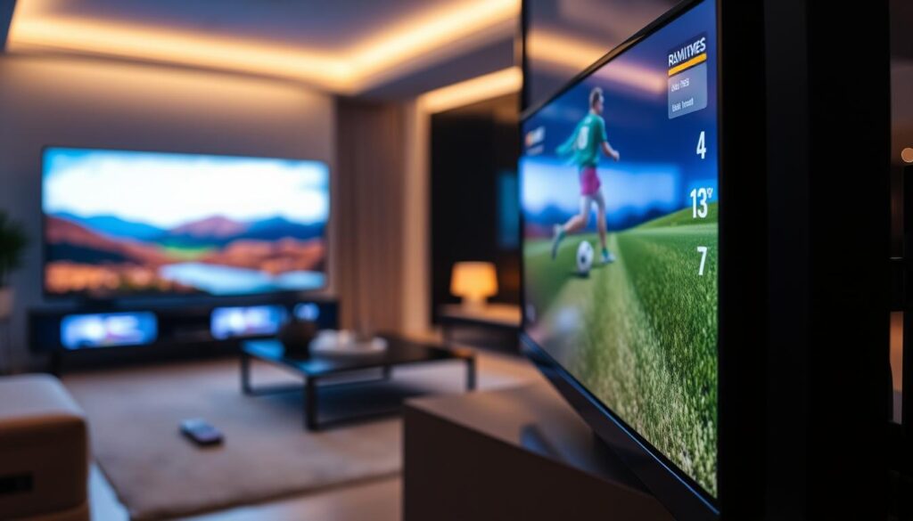 A high-definition close-up of a sleek television screen displaying vivid content streaming from Rapid IPTV, emphasizing the clarity and quality of the image. The foreground features the TV's illuminated screen showcasing a scenic landscape or dynamic sports action, highlighting color sharpness and detail. In the middle ground, a stylish modern living room setting with minimalistic decor complements the technology, including a remote control and comfortable seating. The background shows soft ambient lighting, creating a warm and inviting atmosphere. The scene is captured with a shallow depth of field, focusing sharply on the screen while softly blurring the surroundings, evoking a sense of modern comfort and entertainment efficiency. A high-definition close-up of a sleek television screen displaying vivid content streaming from Rapid IPTV, emphasizing the clarity and quality of the image. The foreground features the TV's illuminated screen showcasing a scenic landscape or dynamic sports action, highlighting color sharpness and detail. In the middle ground, a stylish modern living room setting with minimalistic decor complements the technology, including a remote control and comfortable seating. The background shows soft ambient lighting, creating a warm and inviting atmosphere. The scene is captured with a shallow depth of field, focusing sharply on the screen while softly blurring the surroundings, evoking a sense of modern comfort and entertainment efficiency.