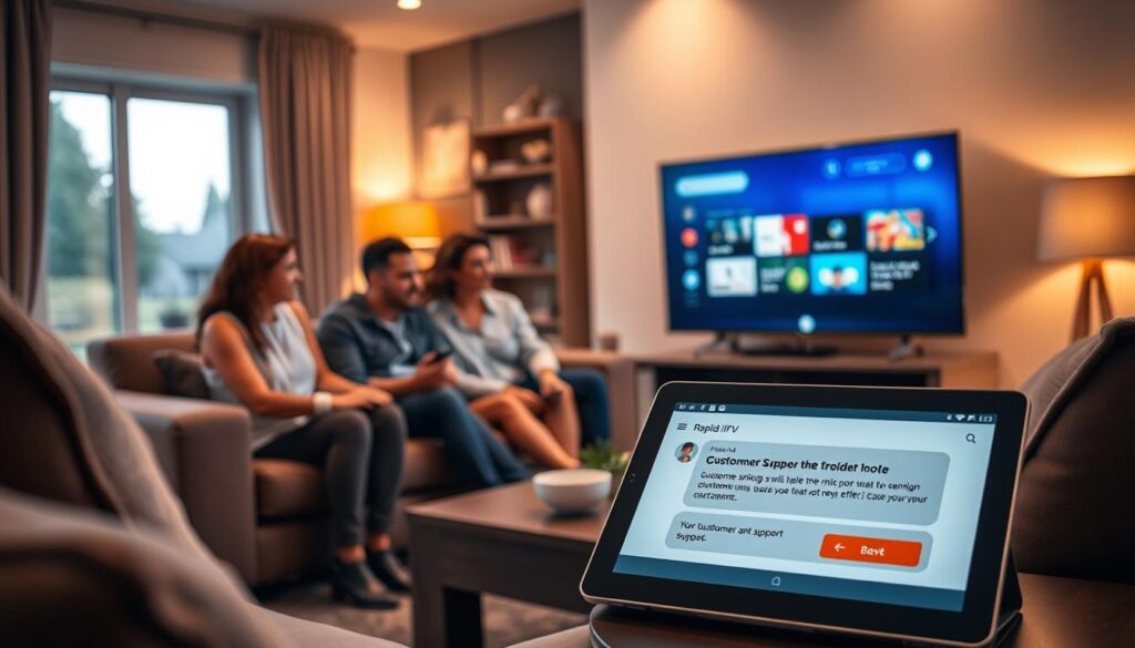 A modern living room featuring a sleek television displaying the intuitive interface of Rapid IPTV. In the foreground, a family of four, dressed in smart casual attire, is gathered on a comfortable couch, engaging with the IPTV remote, showcasing ease of use and accessibility. The middle ground includes a coffee table with an open tablet, displaying a customer support chat for troubleshooting, symbolizing assistance and service. The background shows a cozy atmosphere with warm ambient lighting, large windows allowing natural light, and contemporary décor. A soft focus effect creates a welcoming mood, emphasizing the theme of user-friendliness and support in streaming services. A modern living room featuring a sleek television displaying the intuitive interface of Rapid IPTV. In the foreground, a family of four, dressed in smart casual attire, is gathered on a comfortable couch, engaging with the IPTV remote, showcasing ease of use and accessibility. The middle ground includes a coffee table with an open tablet, displaying a customer support chat for troubleshooting, symbolizing assistance and service. The background shows a cozy atmosphere with warm ambient lighting, large windows allowing natural light, and contemporary décor. A soft focus effect creates a welcoming mood, emphasizing the theme of user-friendliness and support in streaming services.