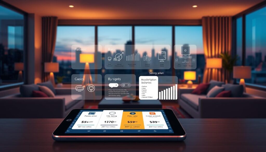 A vibrant, professional digital illustration showcasing IPTV subscription options. In the foreground, display a sleek tablet or smartphone, with an intuitive interface featuring icons representing different pricing tiers and subscriptions. In the middle ground, feature elegant charts and graphics illustrating various plans, transitioning from basic to premium services. Surrounding the display, a cozy living room setup, with modern furniture and softly glowing lamps, creating an inviting atmosphere. In the background, a subtle view of a city skyline at dusk, indicating accessibility and modernity. Soft, warm lighting enhances the inviting mood while maintaining clarity. Ensure all elements reflect a tech-savvy, contemporary feel without any text, watermarks, or distractions. A vibrant, professional digital illustration showcasing IPTV subscription options. In the foreground, display a sleek tablet or smartphone, with an intuitive interface featuring icons representing different pricing tiers and subscriptions. In the middle ground, feature elegant charts and graphics illustrating various plans, transitioning from basic to premium services. Surrounding the display, a cozy living room setup, with modern furniture and softly glowing lamps, creating an inviting atmosphere. In the background, a subtle view of a city skyline at dusk, indicating accessibility and modernity. Soft, warm lighting enhances the inviting mood while maintaining clarity. Ensure all elements reflect a tech-savvy, contemporary feel without any text, watermarks, or distractions.